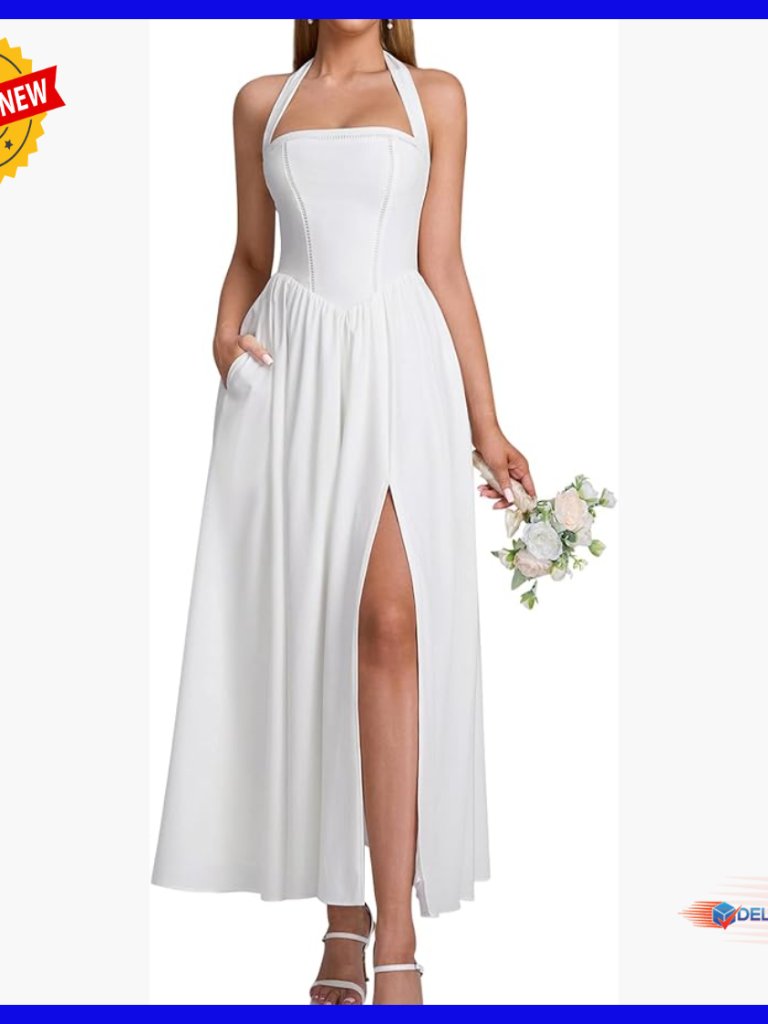 Halter Midi Corset Sundress With Pockets Flowy Slit Formal